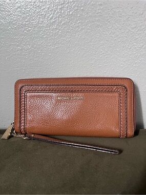 Michael Kors Leather Braided-Trim Wristlet Wallet - Cognac Brown